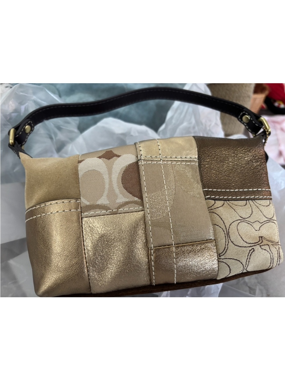 Vintage Coach Signature Patchwork Baguette/Shoulder Purse Gold & Metallic